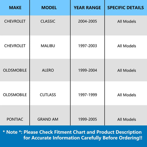 Fitment chart for front wheel hub bearing assembly for Chevy Malibu, Oldsmobile Alero, Cutlass, and Pontiac Grand Am models.