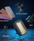 Underwater Dive Light 700LM For Action Cameras with SL-100 LED, hot shoe adaptor, color filters, USB cable, and base on display