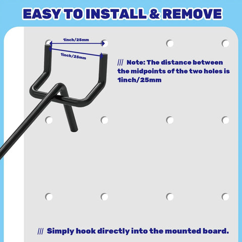 40 Pack 8 Inch Black Stainless Steel Pegboard Hooks Bulk Set for Slatwall and Pegboard Displays easy install diagram