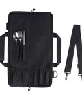 Open Foldable Knife Roll Storage Bag for Chefs and Home Cooks showing utensils and detachable strap, Oxford cloth design.