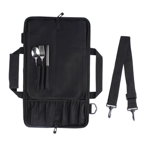 Open Foldable Knife Roll Storage Bag for Chefs and Home Cooks showing utensils and detachable strap, Oxford cloth design.