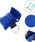 Blue textured fabric CPR mask shield key chain with ring and Velcro strap