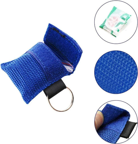 Blue textured fabric CPR mask shield key chain with ring and Velcro strap