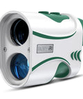 Go To Range Finder For Golf And Disc Golf With 6X Magnification 4 To 1000 Yards Range, white and green compact handheld view