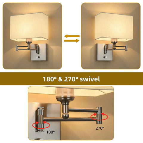 9.5 Inch Wall Lamp With USB Port And Dimmer featuring adjustable 180° and 270° swivel arms for versatile lighting.