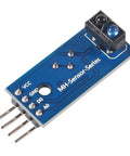 Close-up of TCRT5000 infrared reflective sensor module for Arduino projects, featuring pins for VCC, GND, D0, A0