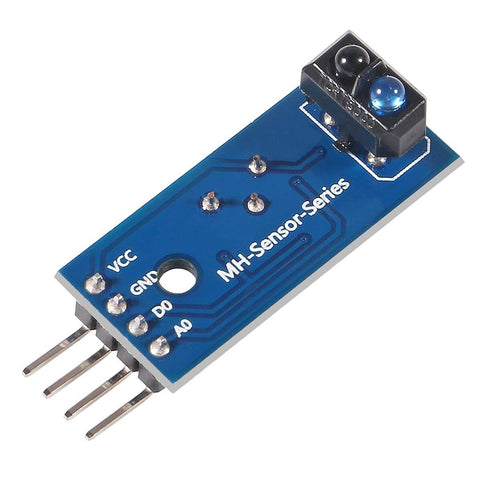 Close-up of TCRT5000 infrared reflective sensor module for Arduino projects, featuring pins for VCC, GND, D0, A0