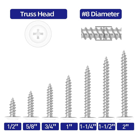 No Sweat Size Eight Wood Screws Boast Truss Head Form Zinc Steel Frame displayed in varying lengths for barn or gate upgrades.