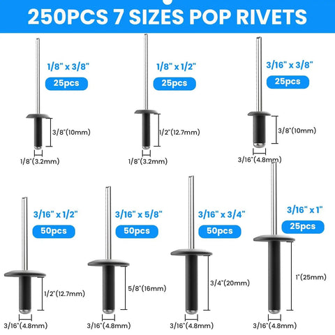 250 Piece Aluminum Pop Rivets Kit With 7 Sizes Large Flange Rivets For Metal, Furniture, Automotive And More, Saltwater Ready