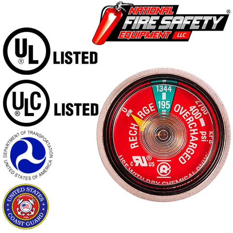 50 Pack 195 Psi Dry Chemical Fire Extinguisher Pressure Gauges UL Rated showing pressure dial with UL and ULC listings.