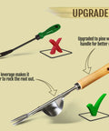 Comparison of Manual Hand Weeder: chrome steel tool with pine wood handle vs standard green handle alternative.