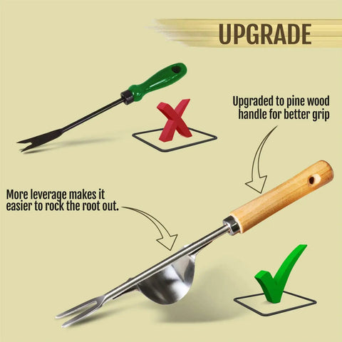 Comparison of Manual Hand Weeder: chrome steel tool with pine wood handle vs standard green handle alternative.