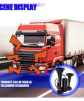 Heavy Duty 12V Dual Trumpet Air Horn Kit With Compressor Pump Delivering Heck Of A Loud 130DB Blast Perfect For Riding Hard In Trucks Cars And Boats with red truck in background.
