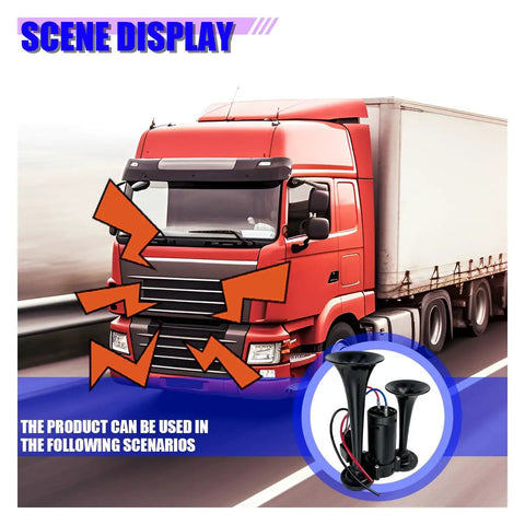 Heavy Duty 12V Dual Trumpet Air Horn Kit With Compressor Pump Delivering Heck Of A Loud 130DB Blast Perfect For Riding Hard In Trucks Cars And Boats with red truck in background.