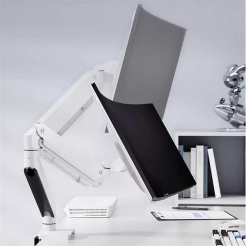 Heavy Duty Dual Monitor Mount For 17 To 32 Inch Screens With Height Adjustable Mechanical Arm Extending 19 Inches shown with an angled monitor.