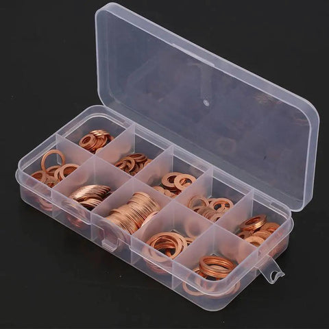 Top Rated 200 Piece Copper Washer And Gasket Assortment Kit Metric M5 To M14 Flat Ring Seals Hardware Tool With Durable Storage Box Perfect For DIY Home Repair Jobs And Quick Car Fixes On A Tight Budget, clear case with copper washers
