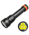 D511 2200 Lumen LED Dive Light With Aluminum Alloy Body, 150m Depth Rating, Dual Battery Modes, front and side view shown