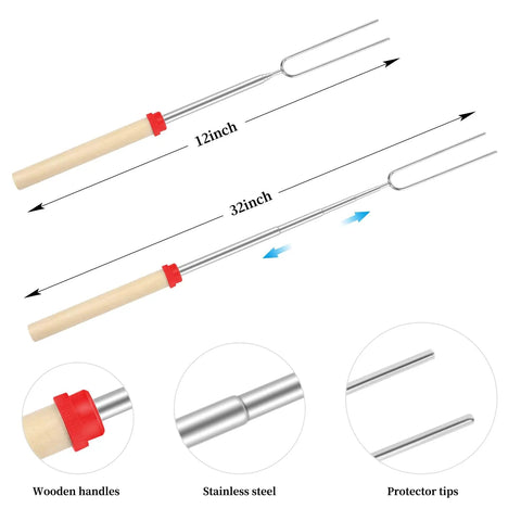 Camping Cooking Utensils Set With Stainless Steel Grill Tools featuring extendable skewers with wooden handles, 12-32 inch length.