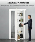 Sneaky Secure Secret Book Latch Kit For Seamless Hidden Door Hideaway Setup With No Fuss Easy Installation And Slick Discreet Privacy Lock Compatible With Custom Bookshelf Walls, shown on white shelf.