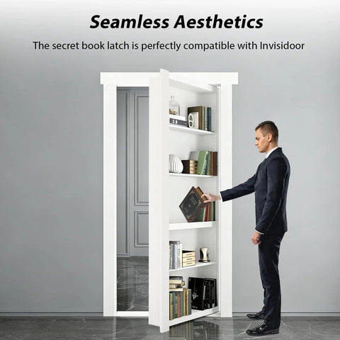 Sneaky Secure Secret Book Latch Kit For Seamless Hidden Door Hideaway Setup With No Fuss Easy Installation And Slick Discreet Privacy Lock Compatible With Custom Bookshelf Walls, shown on white shelf.