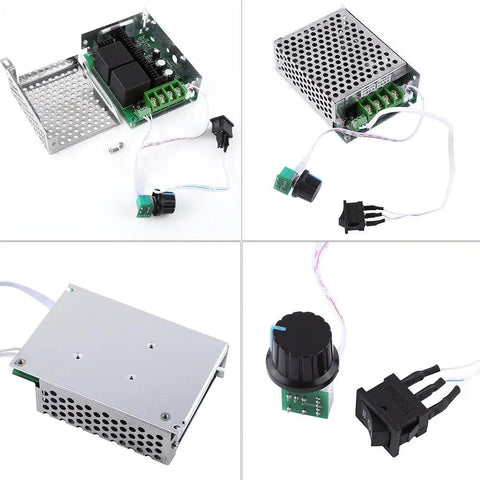Adjustable DC Brushed Motor Speed Controller with PWM Regulator for DC 10V to 50V 30A, component details and cables