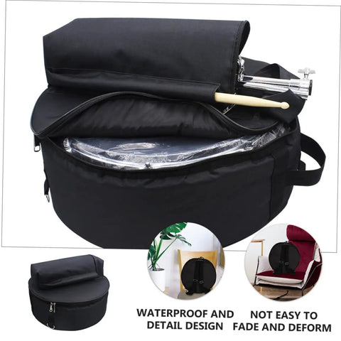 Waterproof Oxford Cloth Drum Backpack With Dead Easy Padded Straps And Adjustable Instrument Gig Bag For Built Different Road Ready Heavy Duty Music Gear Travel Setup Pro Grade Shock Proof Bag showing the open black drum bag with a drum stick.