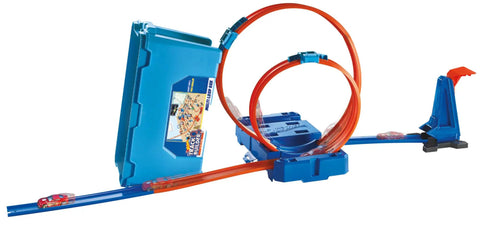 Track Builder Multi Loop Toy Car Track Set With 10 Feet Of Track In Storage Box Portable Kid Friendly Stunts Playset Includes One Sixty Four Scale Vehicle Reconfigurable Track System For Awesome Loop The Loop Action, featuring dual loops and blue storage box.