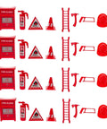 Mini Firefighter Pretend Play Kit With Four Toy Fire Extinguishers And A Ladder For Kids Imaginative Fire Rescue Role Play Durable And Fun Fire Safety Props For Little Heroes, featuring red plastic tools including extinguishers, ladders, and signs.