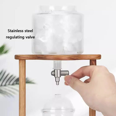 Portable Cold Brew Drip Tower And Adjustable Iced Coffee Maker Featuring Removable Filter For Smooth Extraction showing stainless steel regulating valve.