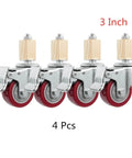 Pack Of 4 3-Inch Stainless Steel Stem Casters With Brakes, Red Universal Wheels For Furniture, shown in a row