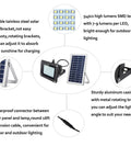 JUDYSSY Outdoor Solar Flood Lights showing solar panel, LED lamp, rotating bracket, and waterproof connector for garden use.