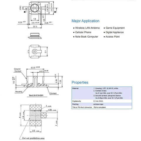 Technical diagram of 50 Pcs IPX UFL SMD SMT Solder For PCB Mount Socket Jack Female RF Coaxial Connector Pack Ideal For Antennas Wireless LAN Devices