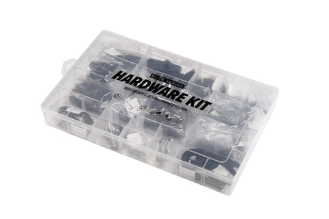 Workhorse Elite DIY Sim Racing Hardware Kit For Extrusion Cockpits in plastic organizer with visible low profile bolts and T nuts.