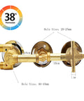 Rock Solid Brass Shower Control Valve Featuring Ceramic Cartridge adjustable temp gauge and hole size details on top view layout.