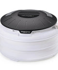 Electric Food Dehydrator With Four Stackable Trays And Top Mounted Fan Perfect For Kickin Homemade Beef Jerky Fresh Fruit Snazzy Veggies And No Junk Pet Treats Straight Up Healthy Snacking Done Right, compact design with black top.