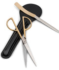 Three Piece Letter Opener Envelope Slitter And Desk Scissors Set With Leather Case For Office Desk Use Gold Plated Handles And Durable Steel Blades Italian Made displayed.