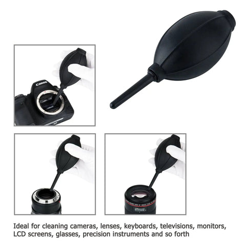Soft and Elastic Nozzle Air Blower Cleaner for Cameras and Gadgets shown cleaning camera sensor and lens, pro-grade tool.