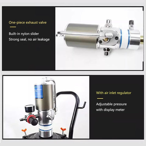 Job Ready Shop Tough Pneumatic Grease Pump Kit For Five Gallon Drums With 13 Foot Explosion Proof Hose And Sixty To One Pressure Ratio Drop In Design For Industrial Machinery, showing exhaust valve and air inlet regulator.