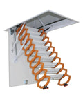 Heavy Duty Electric Attic Ladder Drops Smooth As Butter With Wireless Remote titanium magnesium alloy frame with orange handles.