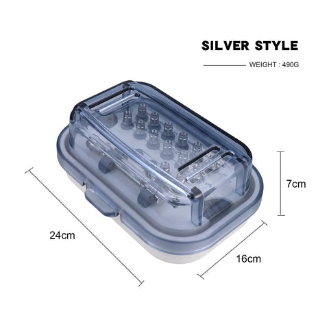 Universal Screwdriver Implant Tool Kit With 12 Drivers And Wrench in a transparent 24x16x7cm box, weight 490g, Silver Style.