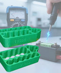 A Lightweight Battery Spot Welding Fixture That Delivers Boss Level Precision For Handling 18650 Or 21700 Lithium Cells with green PLA body.