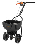 Broadcast Lawn Spreader With 9.8 Ft Coverage, 10 In All Terrain Tires, Adjustable Flow Control, 15 Lb Hopper shown on white background