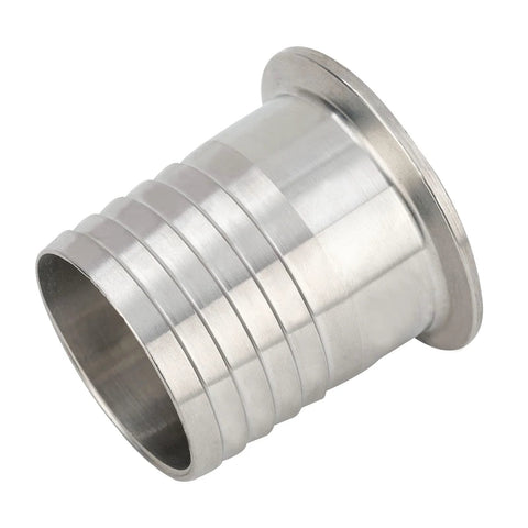 Angled view of stainless steel 2-inch tri-clamp to 2-inch hose ID barbed adapter, SUS304, 1.97-inch length