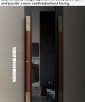 Solid wood handle for sliding door, ergonomic design, decorative brass accents, vertical installation view