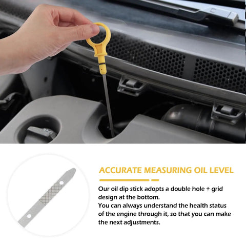 Hand using Professional Double Hole Engine Oil Dipstick Replacement OEM CJ5Z6750A for oil level check in car engine bay.