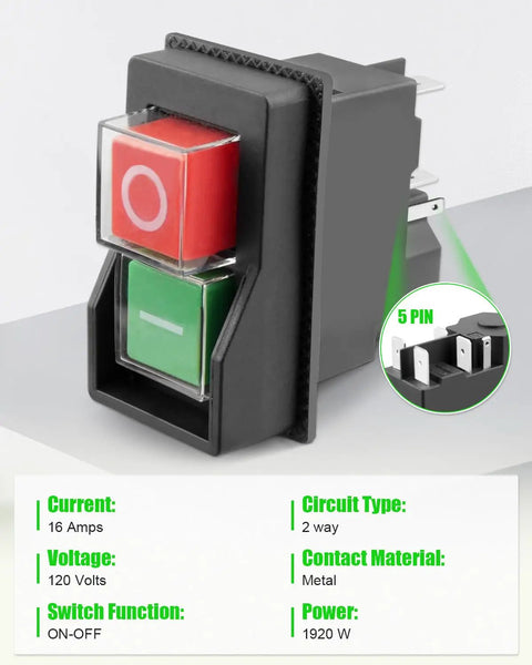 Pushbutton Electromagnetic Switch for Garden Tools and Beefy Heavy Duty Machines, 120V 5PIN Replacement Safety Start Switch