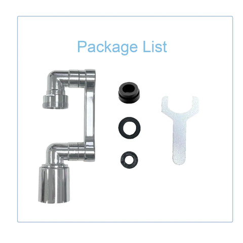 Heavy Duty Brass Faucet Extender With Dual Spray Modes And Slick 1080 Degree Swivel Action, package components laid out.