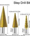 Must-Have Titanium-Coated Drill Bit Set For DIY Pros; Heavy Duty Bearing Steel Twist Bits Kill Through Wood Metal And More Like A Boss With Smooth Step Design And Snazzy Case Included. Step drill bits 4-12mm, 4-20mm, 4-32mm in gold coated bearing steel