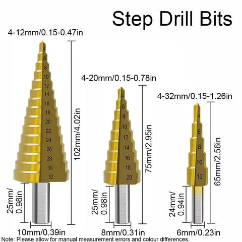 Must-Have Titanium-Coated Drill Bit Set For DIY Pros; Heavy Duty Bearing Steel Twist Bits Kill Through Wood Metal And More Like A Boss With Smooth Step Design And Snazzy Case Included. Step drill bits 4-12mm, 4-20mm, 4-32mm in gold coated bearing steel
