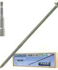 Pack Of 50 14 By 10 Inch Heavy Duty Hex Head Wood Structural Screws In Rust Resistant Black Finish With Integrated Hex Socket Driver Bit For Tough Timber Decking And Outdoor Framing Projects Offering Badass Durability And Zero Hassle on display with a driver bit.
